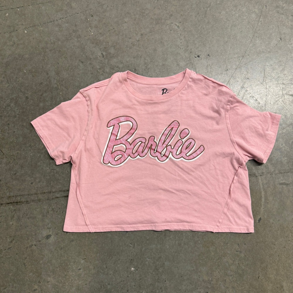 Barbie Pink Glitter Logo Crop Top Exposed Seams Short Sleeve Tee Large